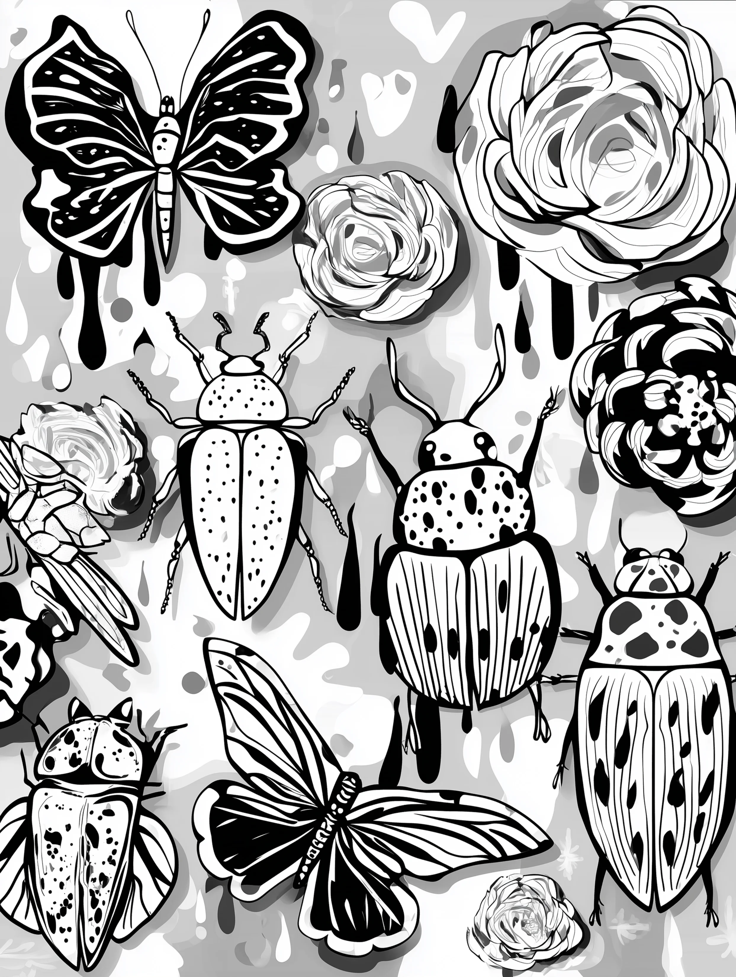 Free printable insect coloring page for adults featuring a group of insects
